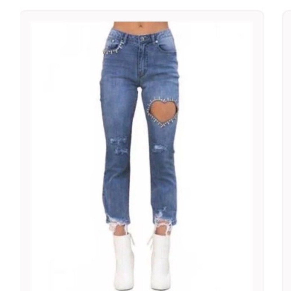 blueb. Heart-Appliqué Straight Leg Jeans in Dark Blue with jewels - Size S - NWT
